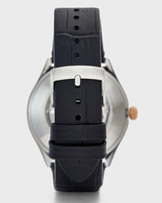 Emporio Armani Zeta Automatic Skeleton Silver Dial Black Leather Strap Watch For Men - AR60018
