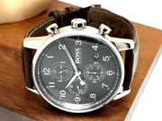 Hugo Boss Navigator Chronograph Grey Dial Brown Leather Strap Watch for Men - 1513494