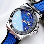 Versace Chain Reaction Blue Dial Two Tone Leather Strap Watch for Men - VEDY00119