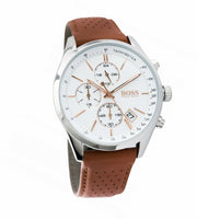 Hugo Boss Grand Prix Chronograph White Dial Brown Leather Strap Watch for Men - 1513475