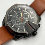 Diesel Mega Chief Chronograph Black Dial Brown Leather Strap Watch For Men - DZ4343