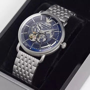 Emporio Armani Aviator Skeleton Blue Dial Silver Mesh Bracelet Watch For Men - AR60024