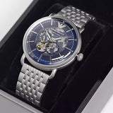 Emporio Armani Aviator Skeleton Blue Dial Silver Mesh Bracelet Watch For Men - AR60024