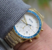Hugo Boss Trophy Chronograph White Dial Gold Steel Strap Watch for Men - 1513631