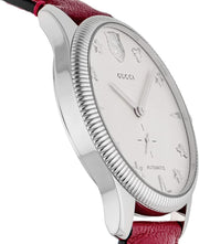 Gucci G Timeless Automatic Silver Dial Red Leather Strap Watch For Men - YA126346