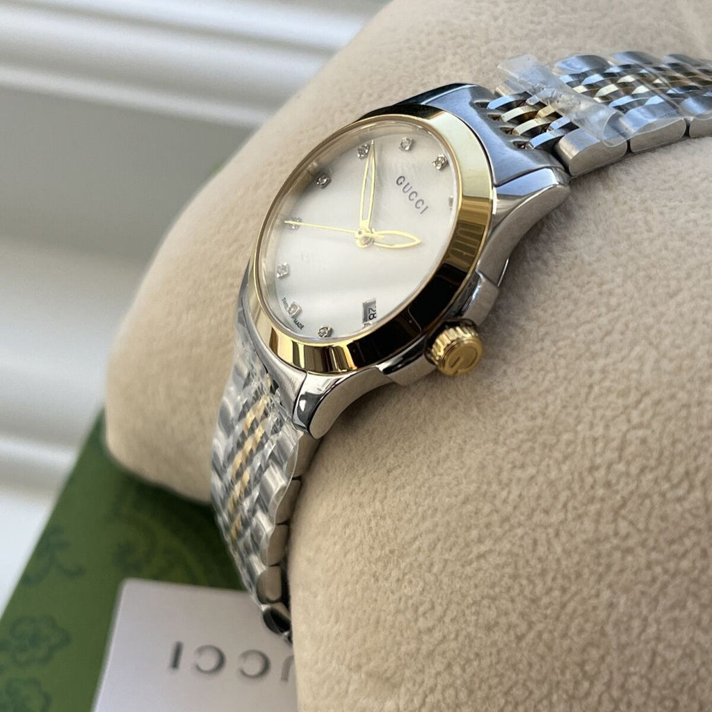 Gucci G Timeless Diamonds Mother of Pearl Dial Two Tone Mesh