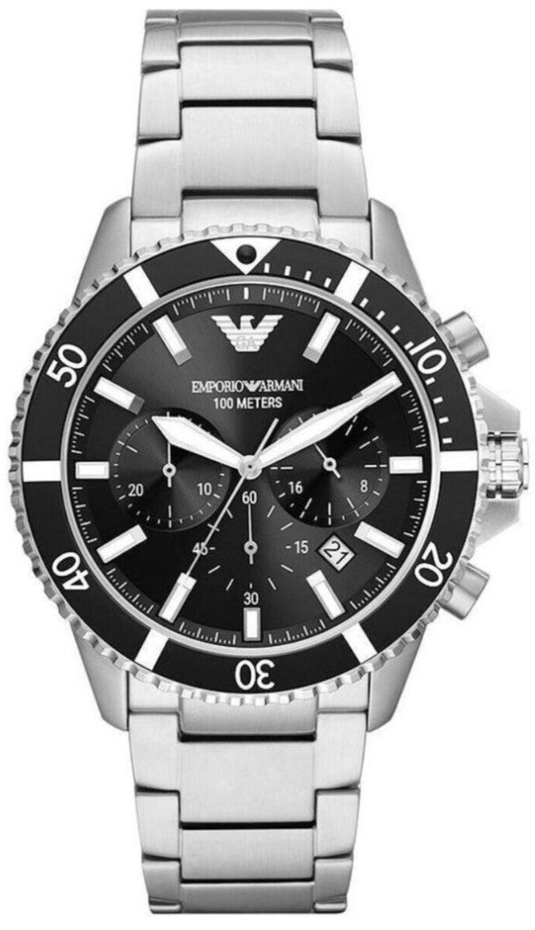 Emporio Armani Diver Chronograph Black Dial Silver Steel Strap Watch For Men - AR11360