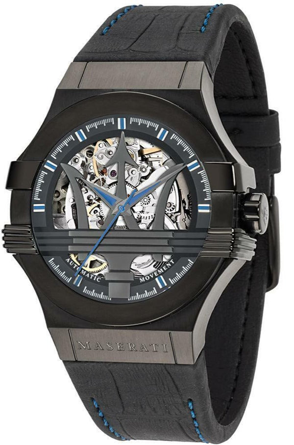 Maserati Potenza Automatic Black Dial Black Leather Strap Watch For Men - R8821108009