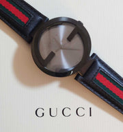 Gucci Interlocking G XL Black Dial Red & Green Leather Strap Watch For Men - YA133206