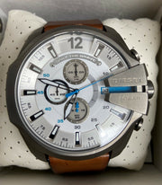 Diesel Mega Chief Chronograph White Dial Brown Leather Strap Watch For Men - DZ4280