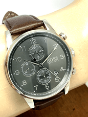 Hugo Boss Navigator Chronograph Grey Dial Brown Leather Strap Watch for Men - 1513494