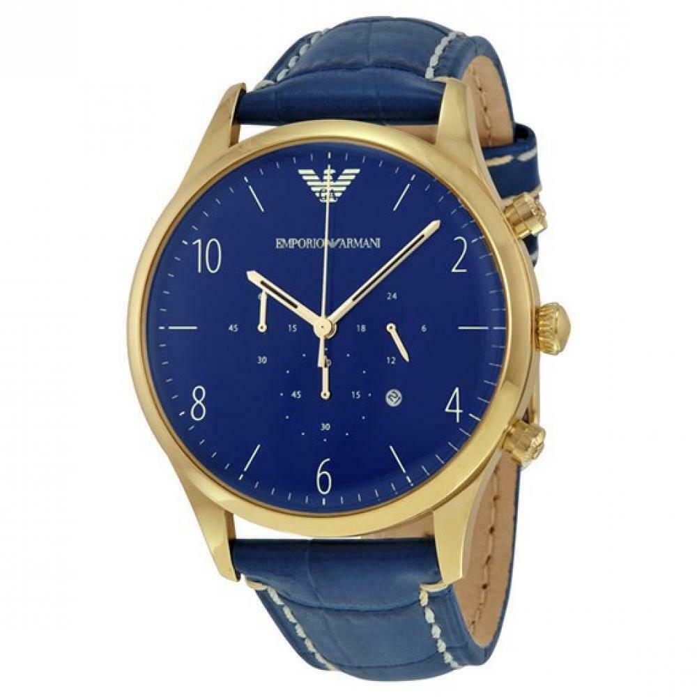 Emporio Armani Chronograph Midnight Blue Dial Blue Leather Strap