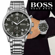 Hugo Boss Aeroliner Chronograph Black Dial Silver Steel Strap Watch for Men - 1513181