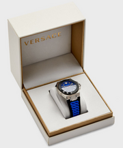 Versace Chain Reaction Blue Dial Two Tone Leather Strap Watch for Men - VEDY00119