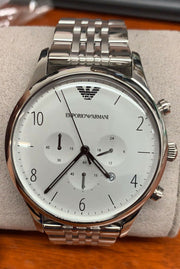 Emporio Armani Classic Chronograph Silver Dial Silver Steel Strap Watch For Men - AR1879