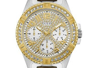 Guess Frontier Chronograph Crystals Gold Dial Two Tone Steel Strap Watch For Women - W1156L5