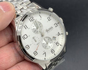 Hugo Boss Aeroliner Chronograph White Dial Silver Steel Strap Watch For Men - 1512445