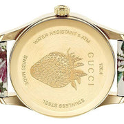 Gucci G Timeless Floral Gold Dial White Leather Strap Watch For Women - YA1264084