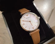 Emporio Armani Gianni T-Bar White Dial Brown Leather Strap Watch for Women - AR1988