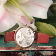 Emporio Armani Kappa Classic Quartz Silver Dial Red Leather Strap Watch For Women - AR11114