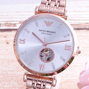 Emporio Armani Meccanico Gianni T-Bar Silver Dial Rose Gold Steel Strap Watch For Women - AR60023