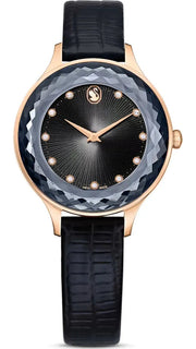 Swarovski Octea Nova Black Dial Black Leather Strap Watch for Women - 5650033