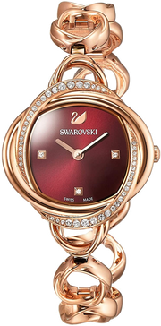 Swarovski Crystal Flower Red Dial Rose Gold Steel Strap Watch for Women - 5552783