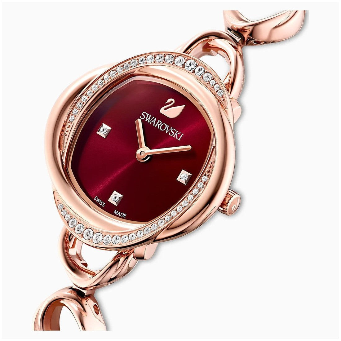 Swarovski Crystal Flower Red Dial Rose Gold Steel Strap Watch for Wome