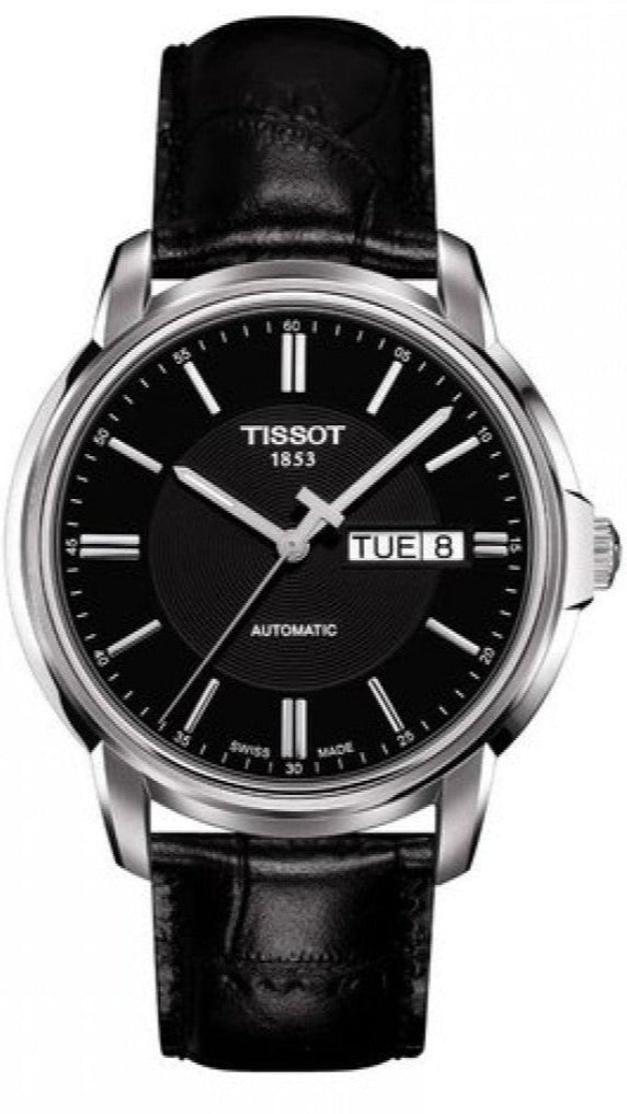 Tissot Automatics III Day Date Black Dial Black Leather Strap Watch For Men - T065.430.16.051.00