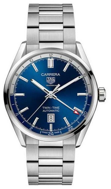 Tag Heuer Carrera Twin Time Blue Dial Silver Steel Strap Watch for Men - WBN201A.BA0640