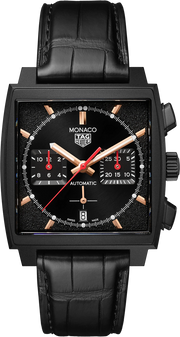 Tag Heuer Monaco Automatic Chronograph Black Dial Black Leather Strap Watch for Men - CBL2180.FC6497