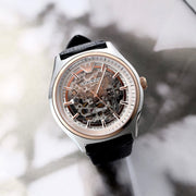 Emporio Armani Zeta Automatic Skeleton Silver Dial Black Leather Strap Watch For Men - AR60018
