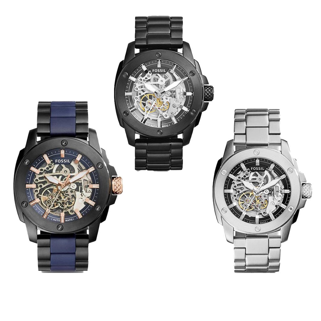 Fossil Modern Machine Automatic Silver Dial Black Steel Strap