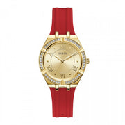 Guess Cosmo Diamonds Gold Dial Red Rubber Strap Watch for Women - GW0034L6