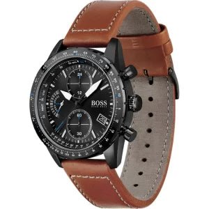 Hugo Boss Pilot Chronograph Black Dial Brown Leather Strap Watch for Men - 1513851