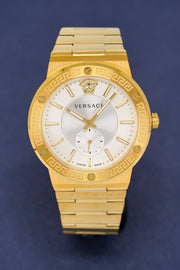 Versace Greca Silver Dial Gold Steel Strap Watch for Men - VEVI00520