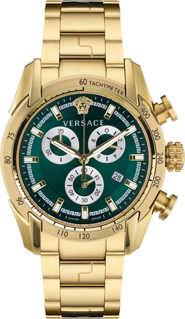 Versace V-Ray Chronograph Green Dial Gold Steel Strap Watch For Men - VE2I00621