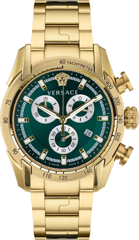 Versace V-Ray Chronograph Green Dial Gold Steel Strap Watch For Men - VE2I00621