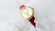 Versace Virtus Mini Quartz Gold Dial Red Leather Strap Watch For Women - VET300521