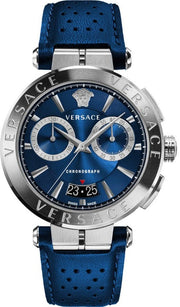 Versace Aion Chronograph Blue Dial Blue Leather Strap Watch for Men - VE1D01220