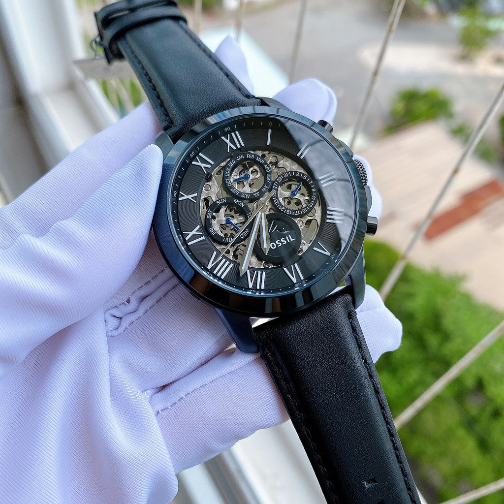 Fossil Grant Automatic Chronograph Black Dial Black Leather Strap Watc