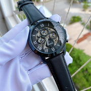 Fossil Grant Automatic Chronograph Black Dial Black Leather Strap Watch for Men - ME3028