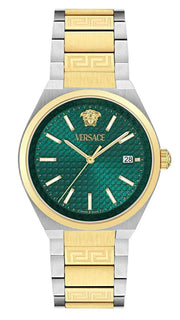 Versace V-Auria Quartz Green Dial Two Tone Steel Strap Watch for Men - VE0F00425