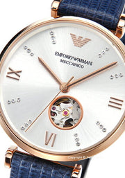 Emporio Armani Meccanico Gianni T-Bar Silver Dial Blue Leather Strap Watch For Women - AR60020