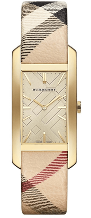 Burberry Pioneer Gold Dial Haymarket Beige Leather Strap Watch for Women - BU9509