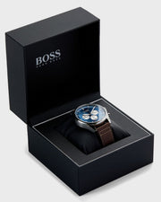 Hugo Boss Pioneer Chronograph Blue Dial Brown Leather Strap Watch For Men - 1513709