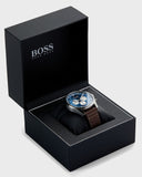 Hugo Boss Pioneer Chronograph Blue Dial Brown Leather Strap Watch For Men - 1513709