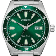 Citizen Eco Drive Vintage Green Dial Silver Steel Strap Watch For Men - AW1598-70X