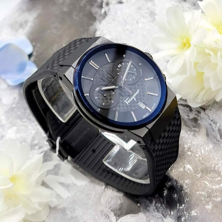 Salvatore Ferragamo Sapphire Black Dial Black Rubber Strap Watch