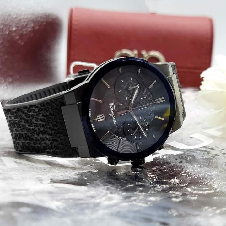 Salvatore Ferragamo Sapphire Black Dial Black Rubber Strap Watch